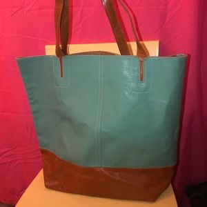 teal & brown leather tote